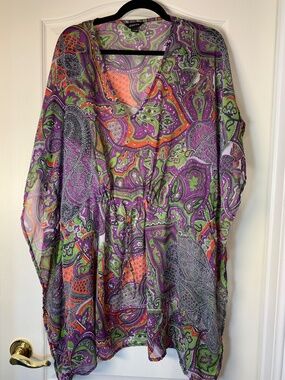 Jessica Paisley Beach Cover Up‎ Kaftan Tunic Sheer Purple Green Boho M-L  Resort